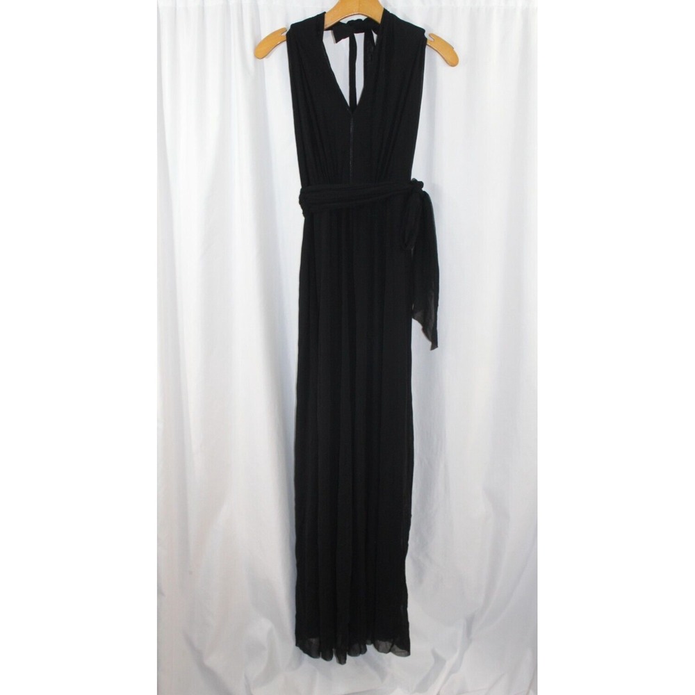 NWT FUZZI $595 Women's Black V Neck Mesh Halter Belted Wide Leg Jumpsuit M
